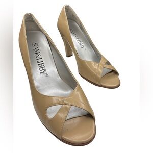 Sam & Libby Tan Peep-Toe Mid Heel Pumps Size 9